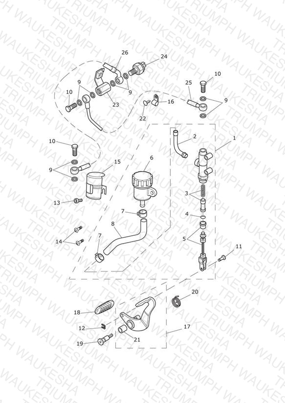 Rear Brake Master Cylinder, Reservoir & Pedal 532900 > 611134 (Expt 611105)